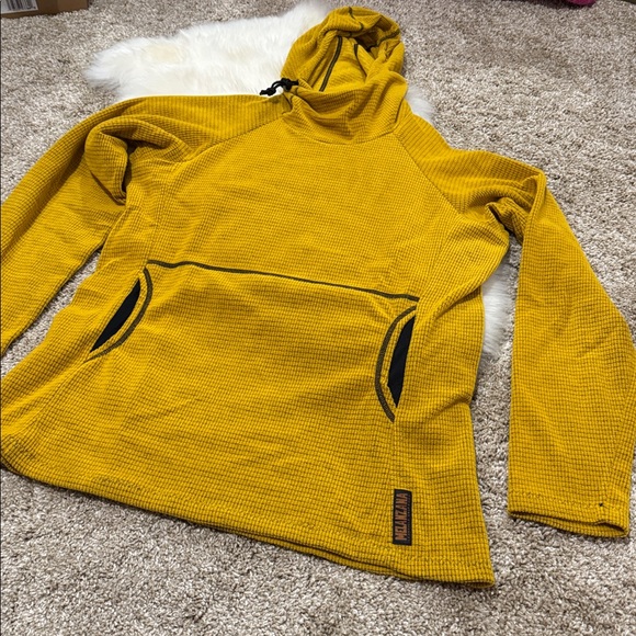 Melanzana Micro Grid Sunflower Yellow Fleece Hoodie Sweatshirt Women’s Size M - Picture 2 of 6